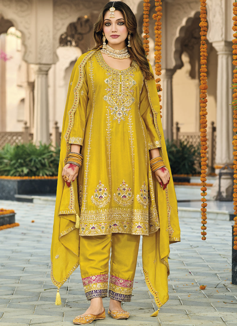 Vegaa Fashion Yellow Chinon Silk Embroidered Designer Palazzo Suit