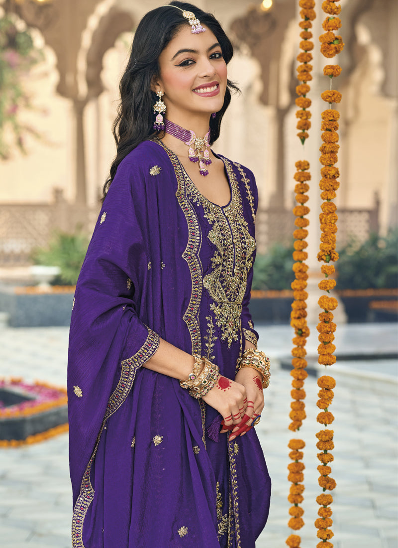 Vegaa Fashion Violet Chinon Silk Embroidered Designer Palazzo Suit