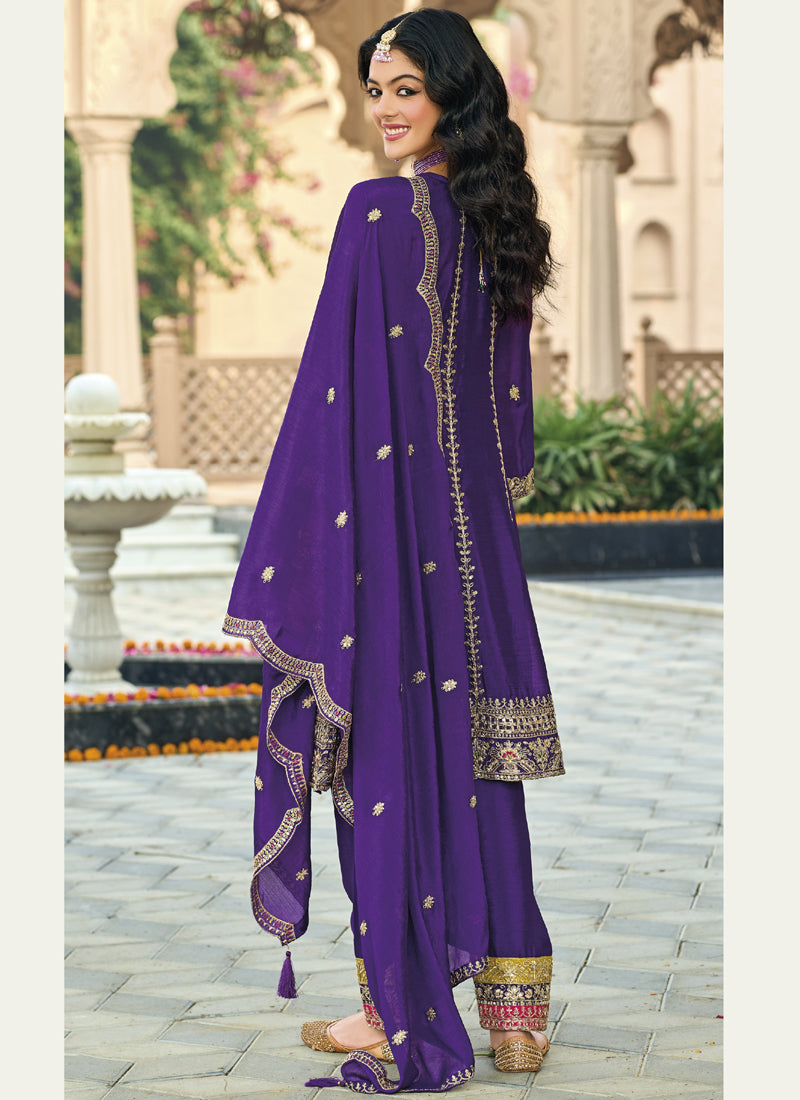 Vegaa Fashion Violet Chinon Silk Embroidered Designer Palazzo Suit
