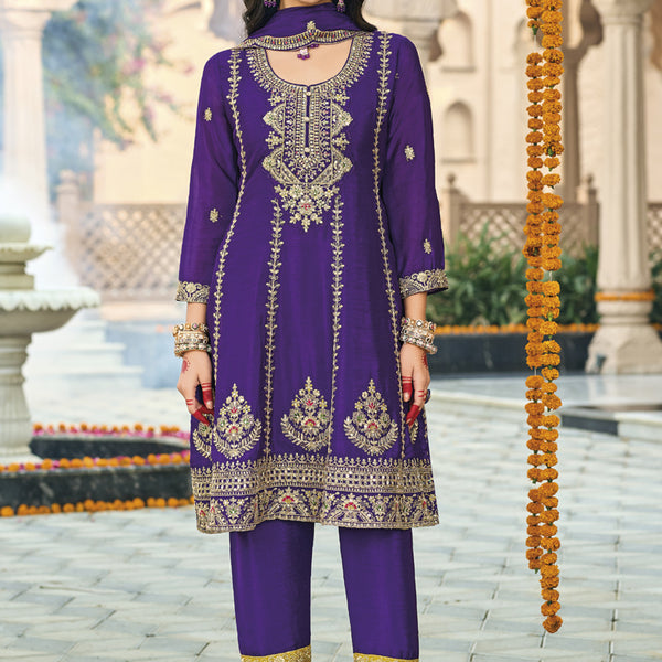 Vegaa Fashion Violet Chinon Silk Embroidered Designer Palazzo Suit - Distacart