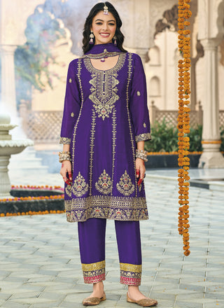 Vegaa Fashion Violet Chinon Silk Embroidered Designer Palazzo Suit