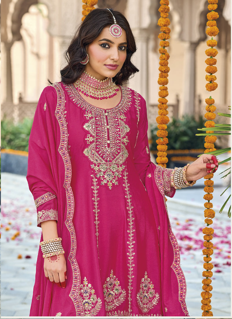 Vegaa Fashion Pink Chinon Silk Embroidered Designer Palazzo Suit