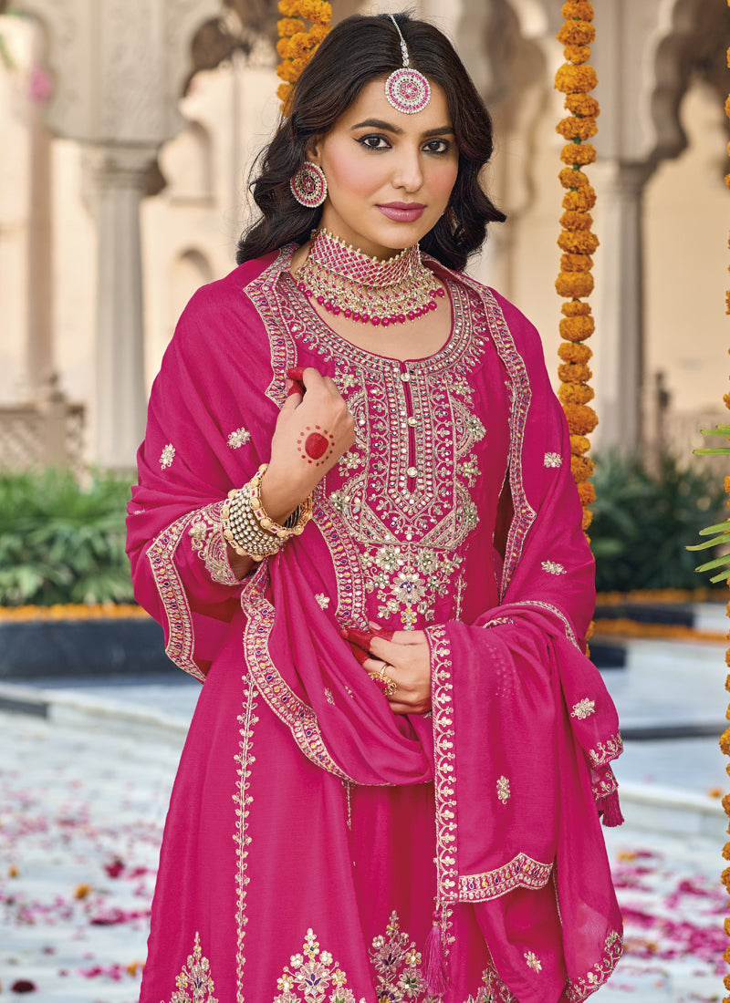 Vegaa Fashion Pink Chinon Silk Embroidered Designer Palazzo Suit