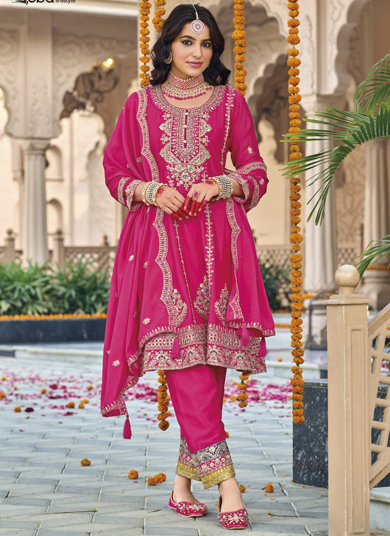 Vegaa Fashion Pink Chinon Silk Embroidered Designer Palazzo Suit