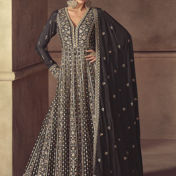 Vegaa Fashion Brown Chinon Silk Embroidered Designer Anarkali Suit