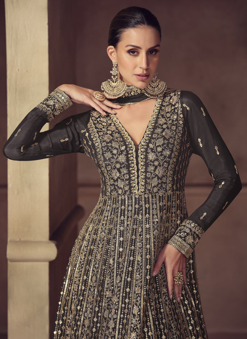 Vegaa Fashion Brown Chinon Silk Embroidered Designer Anarkali Suit - Distacart