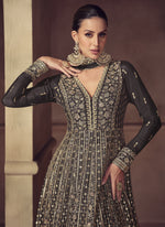 Thumbnail for Vegaa Fashion Brown Chinon Silk Embroidered Designer Anarkali Suit