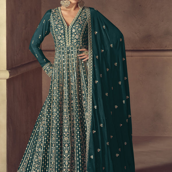 Vegaa Fashion Rama Green Chinon Silk Embroidered Designer Anarkali Suit