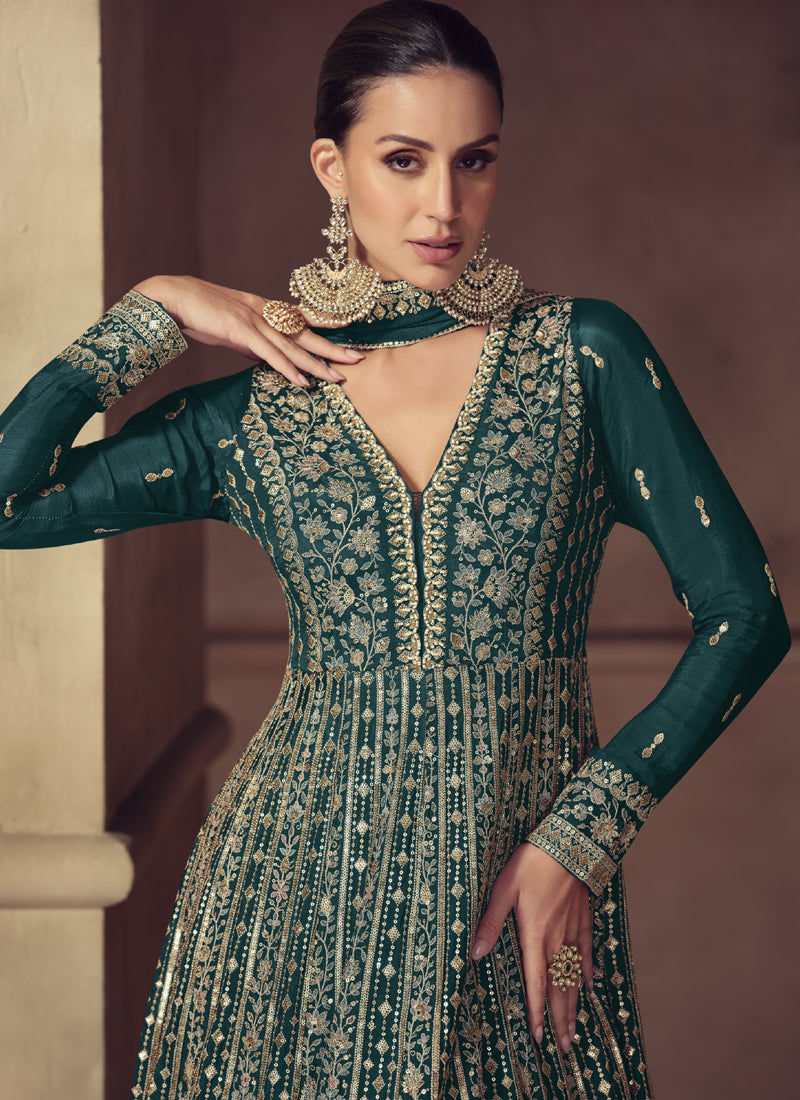 Vegaa Fashion Rama Green Chinon Silk Embroidered Designer Anarkali Suit - Distacart