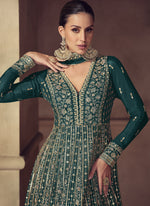 Thumbnail for Vegaa Fashion Rama Green Chinon Silk Embroidered Designer Anarkali Suit