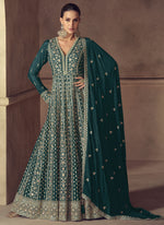 Thumbnail for Vegaa Fashion Rama Green Chinon Silk Embroidered Designer Anarkali Suit