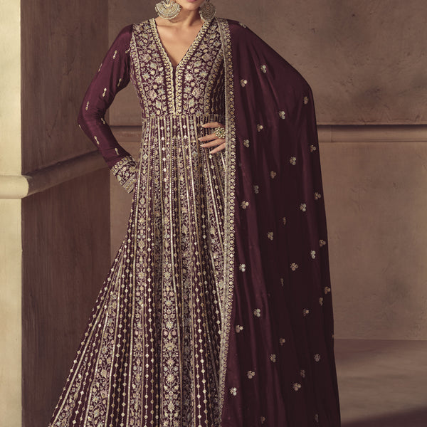Vegaa Fashion Wine Chinon Silk Embroidered Designer Anarkali Suit