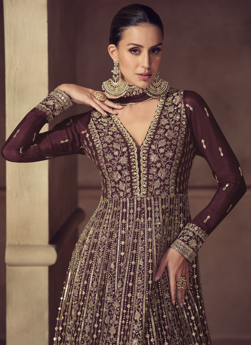 Vegaa Fashion Wine Chinon Silk Embroidered Designer Anarkali Suit
