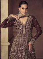 Thumbnail for Vegaa Fashion Wine Chinon Silk Embroidered Designer Anarkali Suit