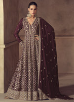 Thumbnail for Vegaa Fashion Wine Chinon Silk Embroidered Designer Anarkali Suit