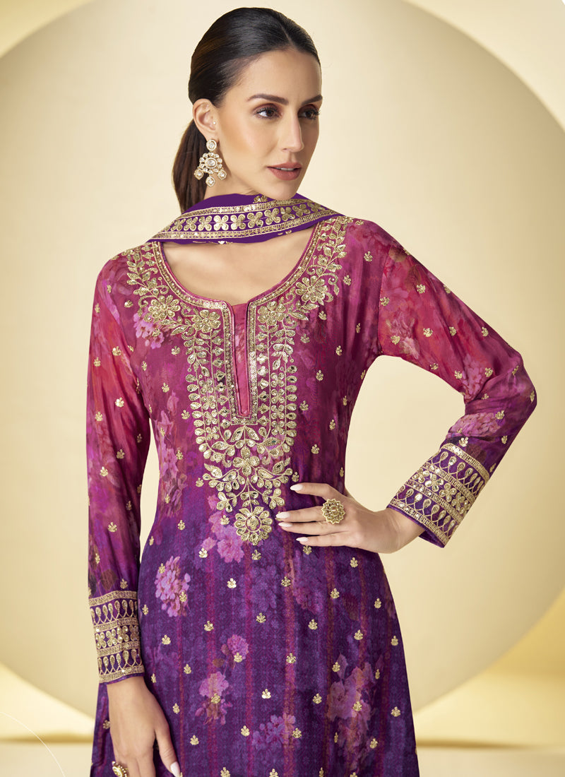 Vegaa Fashion Violet Chinon Silk Digital Print Designer Palazzo Suit