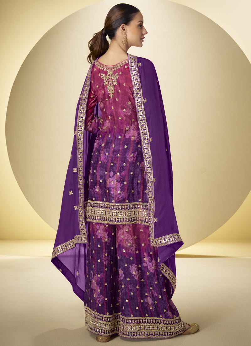 Vegaa Fashion Violet Chinon Silk Digital Print Designer Palazzo Suit