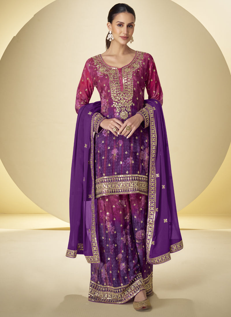 Vegaa Fashion Violet Chinon Silk Digital Print Designer Palazzo Suit