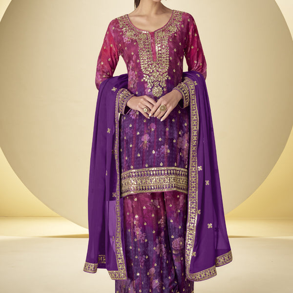 Vegaa Fashion Violet Chinon Silk Digital Print Designer Palazzo Suit - Dista
