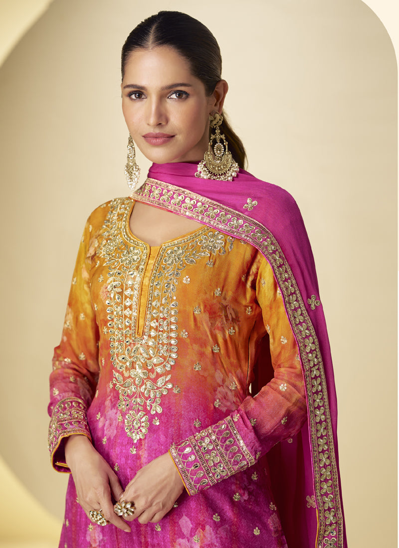 Vegaa Fashion Pink Chinon Silk Digital Print Designer Palazzo Suit