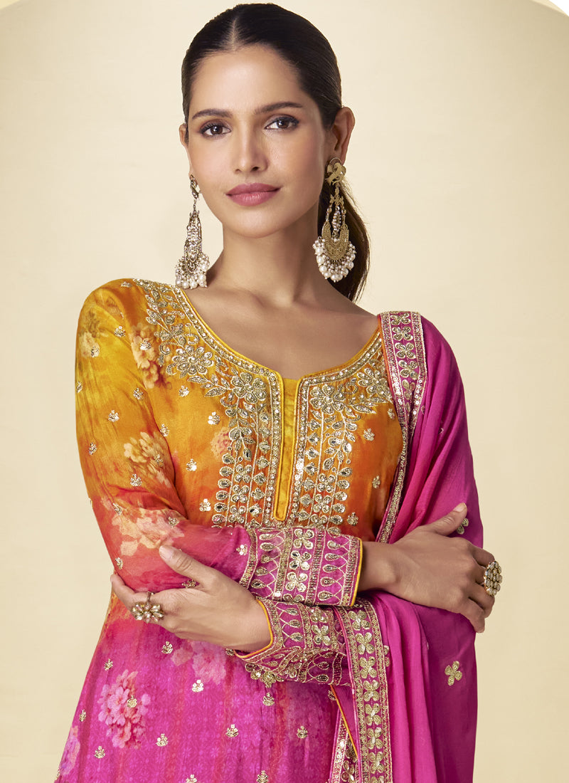 Vegaa Fashion Pink Chinon Silk Digital Print Designer Palazzo Suit