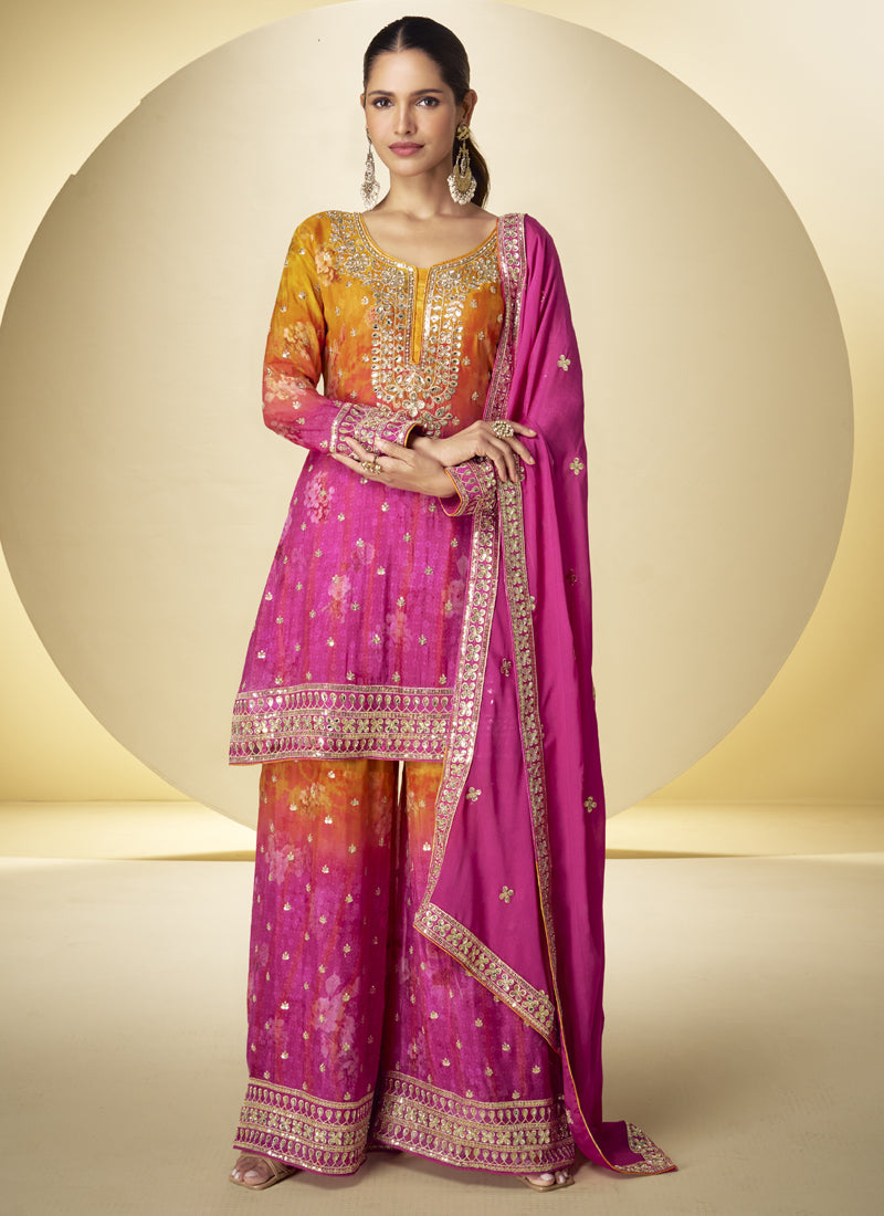 Vegaa Fashion Pink Chinon Silk Digital Print Designer Palazzo Suit