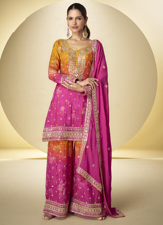Vegaa Fashion Pink Chinon Silk Digital Print Designer Palazzo Suit
