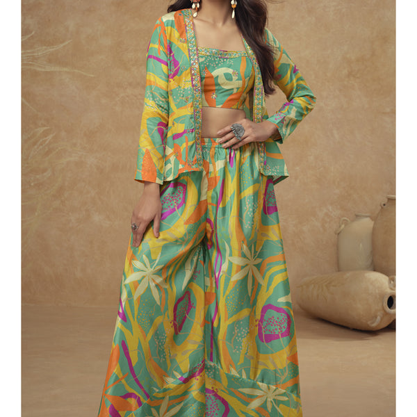 Vegaa Fashion Multicolor Chinon Silk Digital Print Western Style Palazzo Suit - Dista