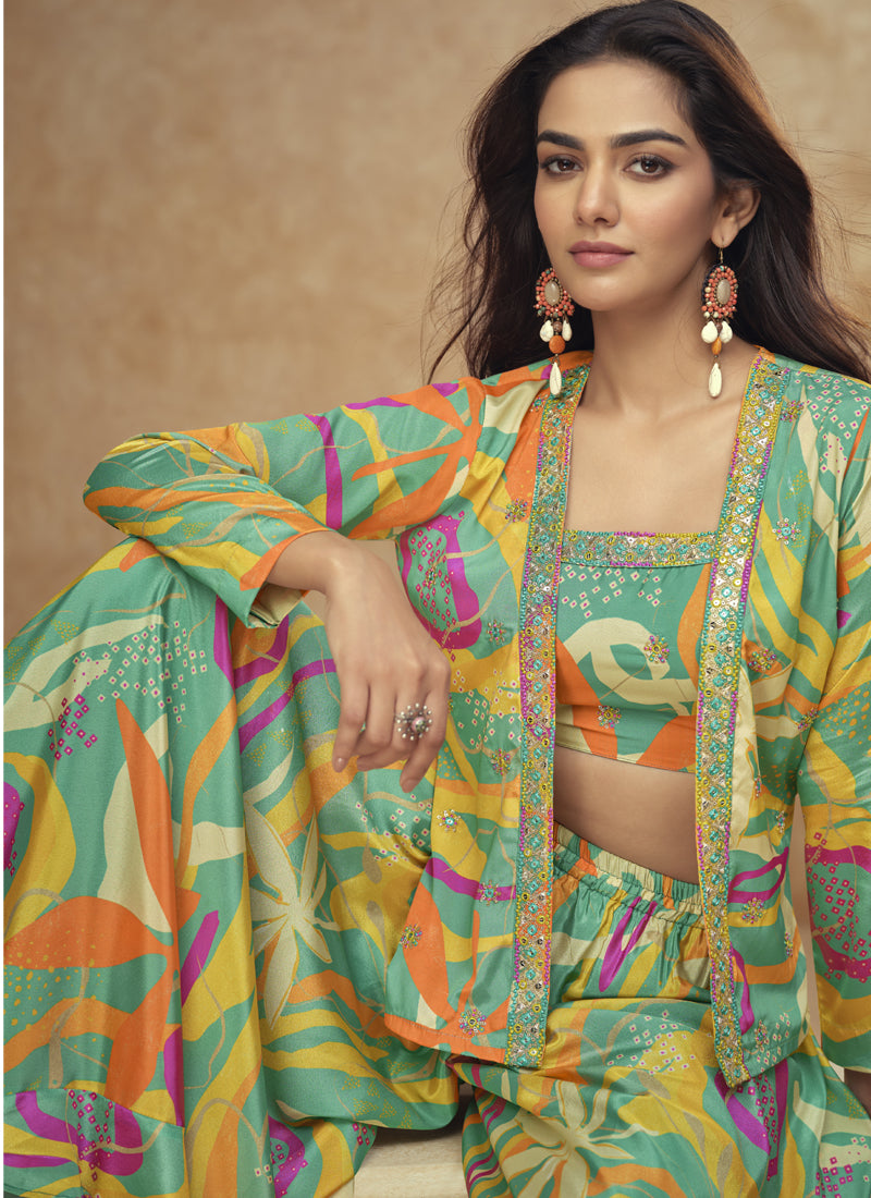 Vegaa Fashion Multicolor Chinon Silk Digital Print Western Style Palazzo Suit