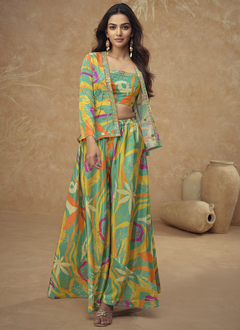 Vegaa Fashion Multicolor Chinon Silk Digital Print Western Style Palazzo Suit