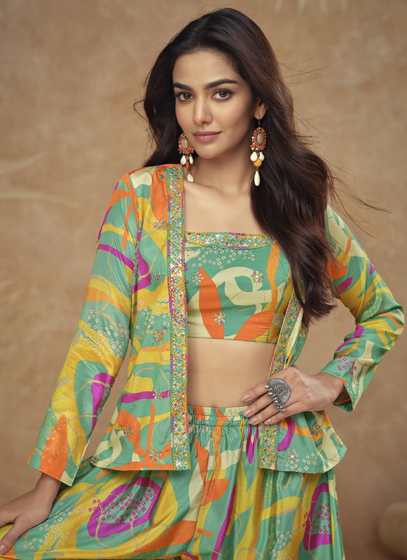 Vegaa Fashion Multicolor Chinon Silk Digital Print Western Style Palazzo Suit