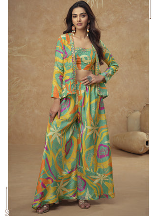 Vegaa Fashion Multicolor Chinon Silk Digital Print Western Style Palazzo Suit