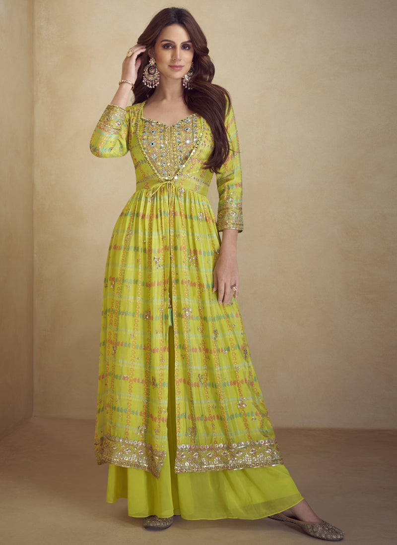 Vegaa Fashion Yellow Chinon Silk Digital Print Western Style Palazzo Suit