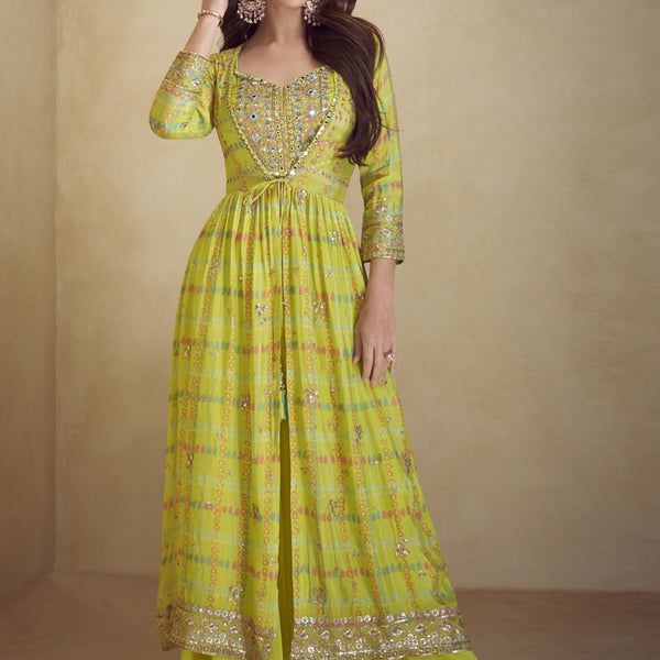 Vegaa Fashion Yellow Chinon Silk Digital Print Western Style Palazzo Suit - Distacart