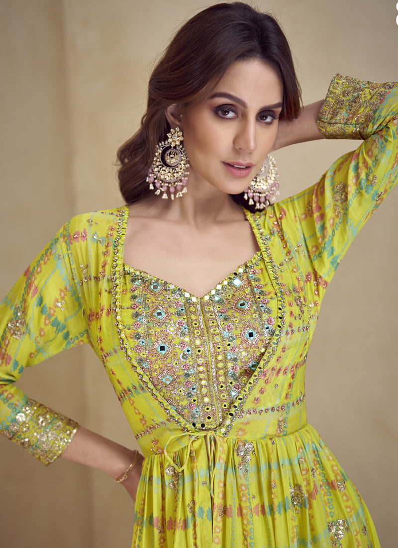 Vegaa Fashion Yellow Chinon Silk Digital Print Western Style Palazzo Suit
