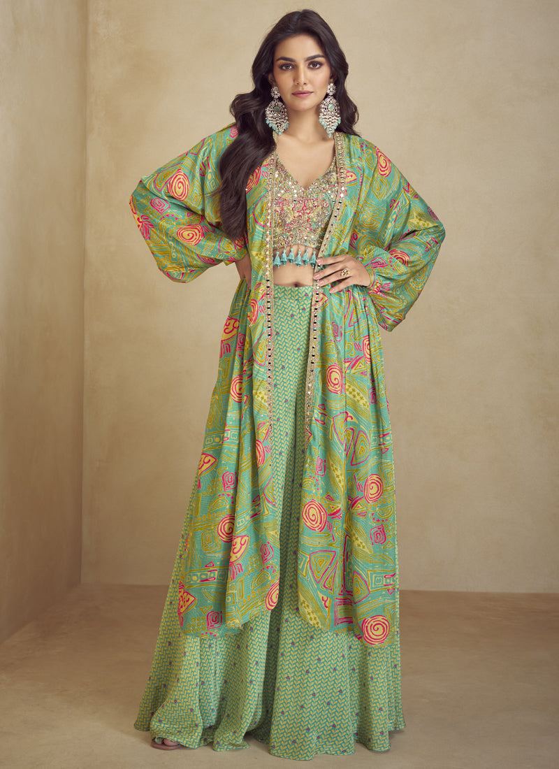 Vegaa Fashion Sea Green Chinon Silk Digital Print Western Style Palazzo Suit