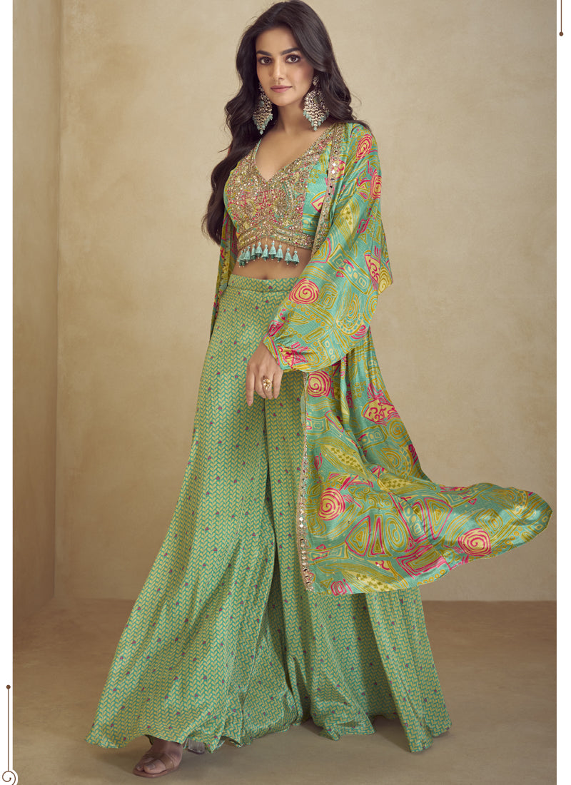 Vegaa Fashion Sea Green Chinon Silk Digital Print Western Style Palazzo Suit