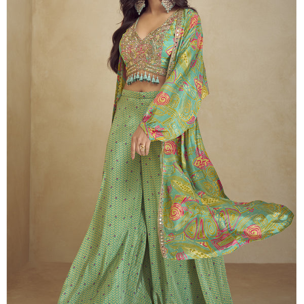 Vegaa Fashion Sea Green Chinon Silk Digital Print Western Style Palazzo Suit - Dista