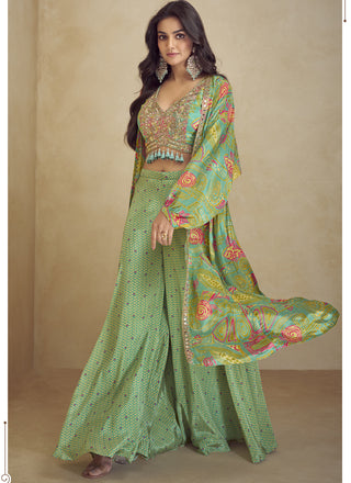 Vegaa Fashion Sea Green Chinon Silk Digital Print Western Style Palazzo Suit