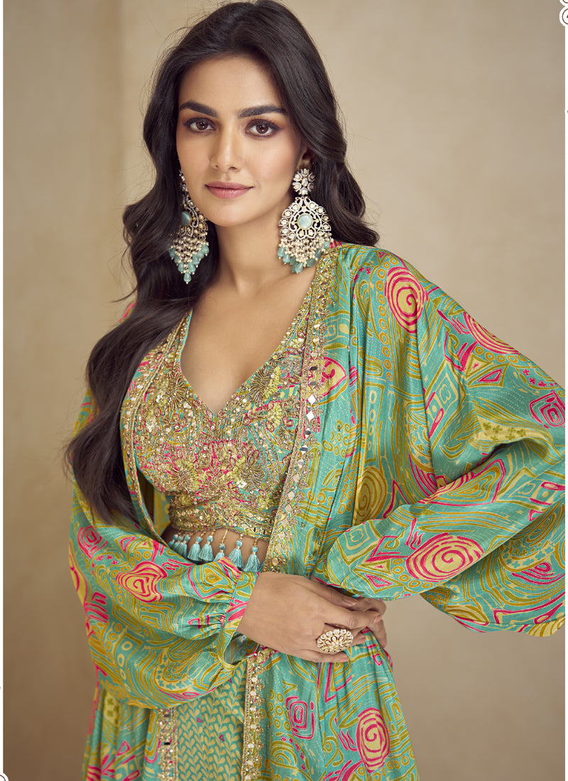 Vegaa Fashion Sea Green Chinon Silk Digital Print Western Style Palazzo Suit