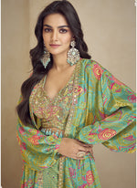 Thumbnail for Vegaa Fashion Sea Green Chinon Silk Digital Print Western Style Palazzo Suit