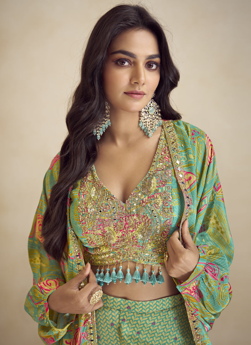 Vegaa Fashion Sea Green Chinon Silk Digital Print Western Style Palazzo Suit