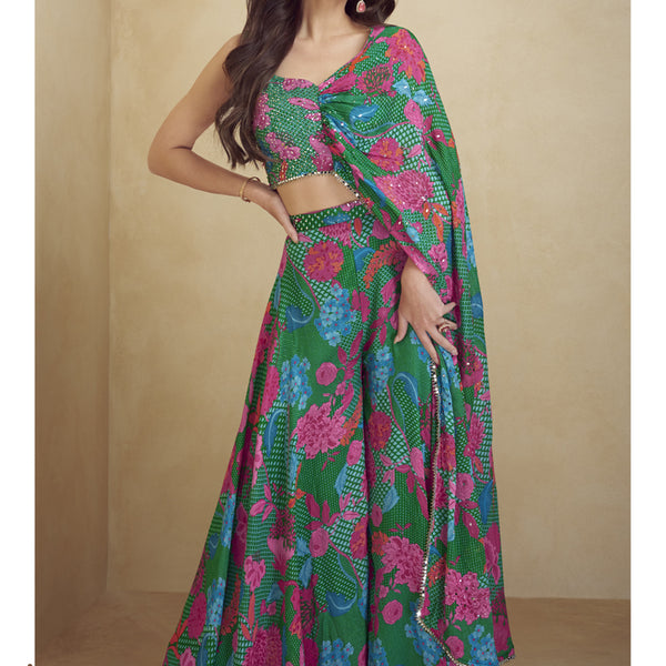 Vegaa Fashion Green Chinon Silk Digital Print Western Style Palazzo Suit - Dista