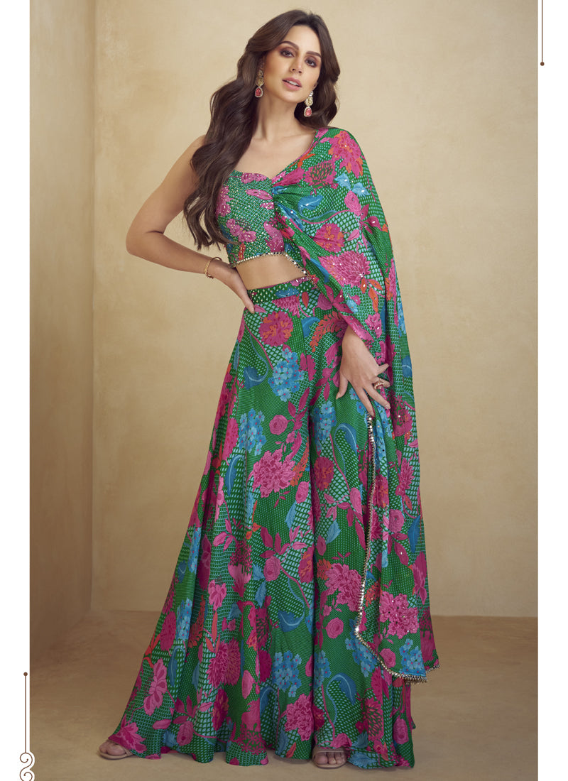 Vegaa Fashion Green Chinon Silk Digital Print Western Style Palazzo Suit