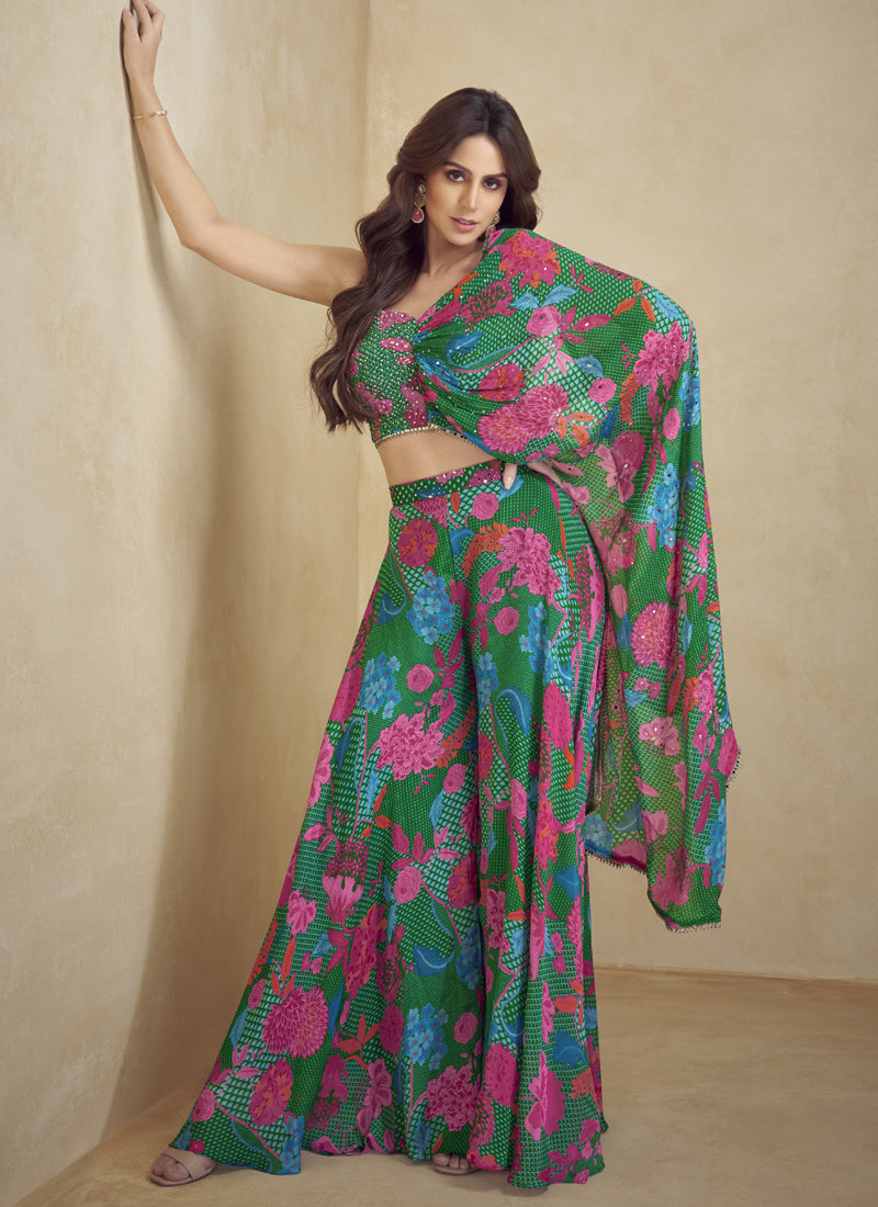 Vegaa Fashion Green Chinon Silk Digital Print Western Style Palazzo Suit