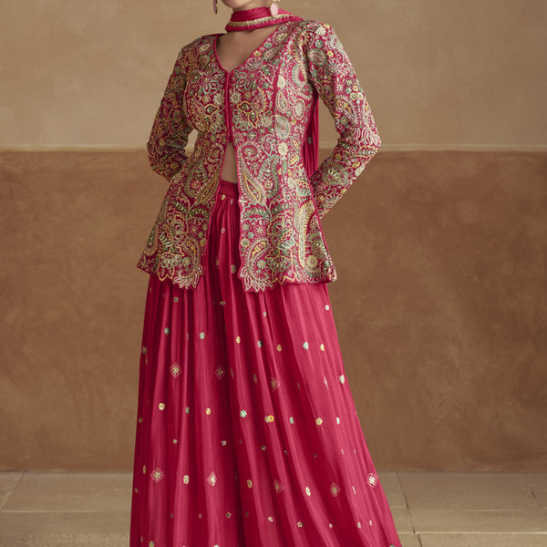 Vegaa Fashion Pink Chinon Silk Embroidered Designer Palazzo Suit