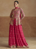 Thumbnail for Vegaa Fashion Pink Chinon Silk Embroidered Designer Palazzo Suit