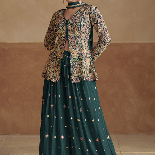 Vegaa Fashion Aqua Green Pink Chinon Silk Embroidered Designer Palazzo Suit