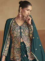 Thumbnail for Vegaa Fashion Aqua Green Pink Chinon Silk Embroidered Designer Palazzo Suit