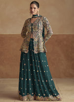 Thumbnail for Vegaa Fashion Aqua Green Pink Chinon Silk Embroidered Designer Palazzo Suit